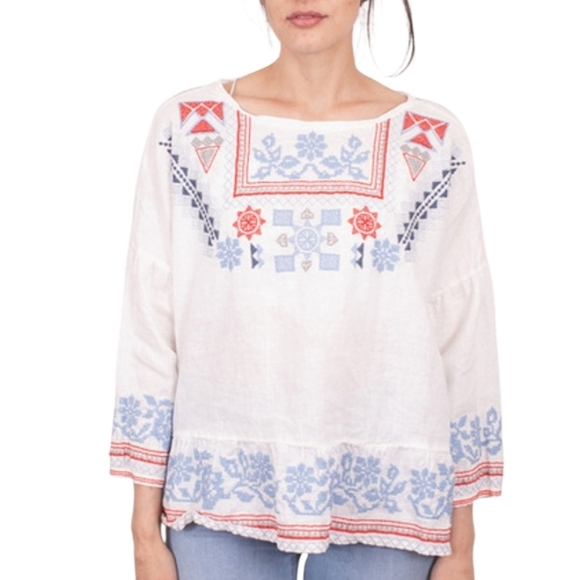 Johnny Was Tops - Johnny Was Mateo Linen White Blouse Top Blue & Coral Embroidery Size L